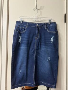 Be girl Women's Dark Blue Distressed Denim Midi Skirt